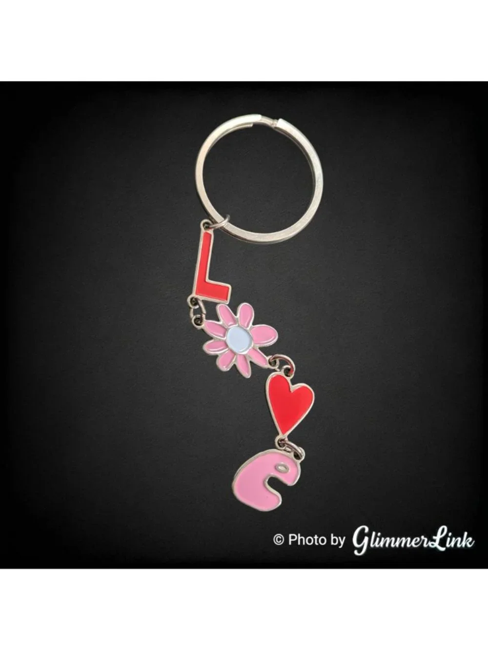 LOVE Enamel Charm Keychain Silver Tone Flower Heart Y2K Style
